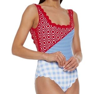 Marysia Wainscoat Patchwork Laser-cut & Gingham Stretch-crepe Swimsuit Small